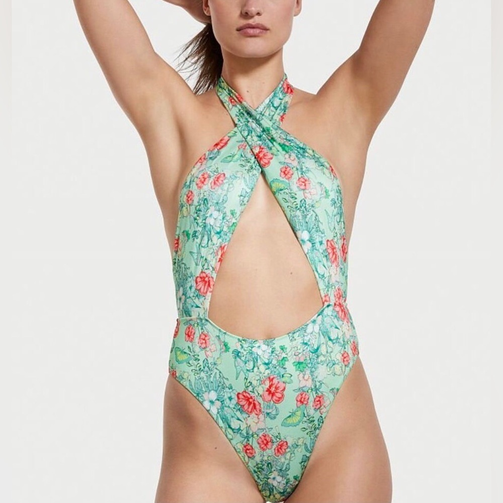 Victorias Secret Butterfly Floral High Neck Wrap One Piece Swimsuit Size Medium